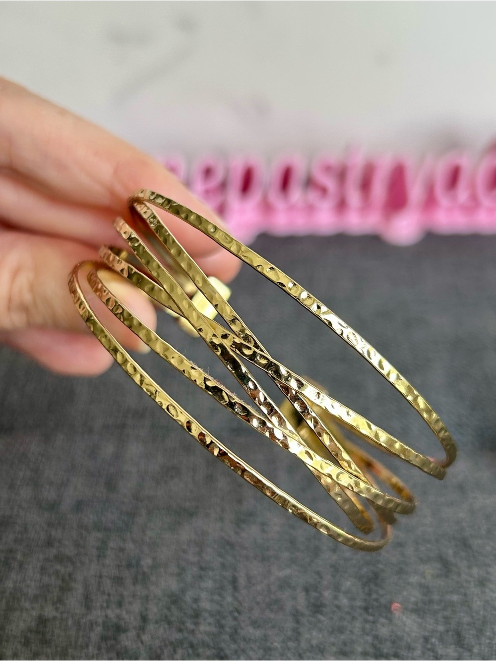 Hammered, Abstract Multi-Strand Static Cuff Fashion Bracelet, Gold